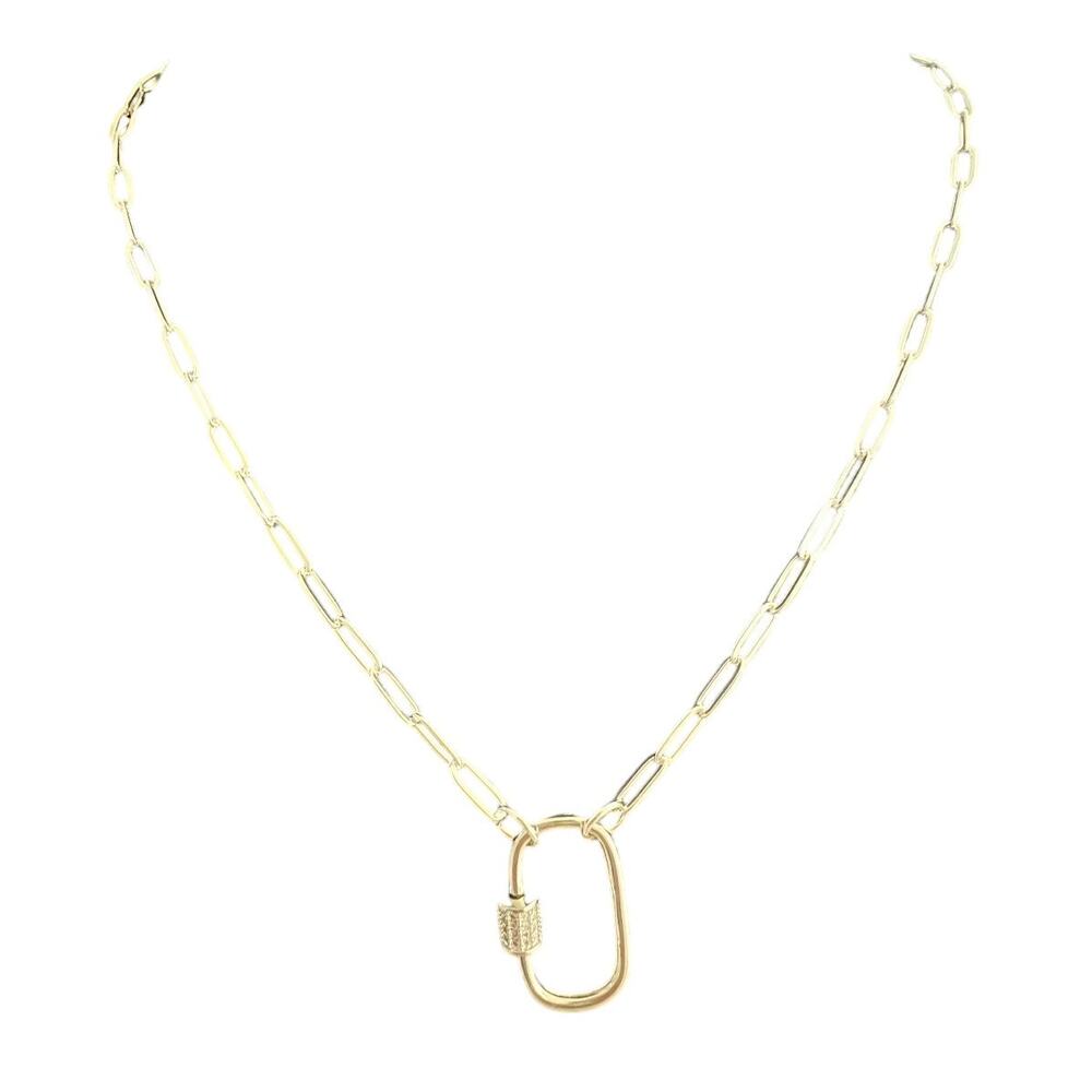 Silver Paper Clip Style Chain Necklace 18" with CZ and Carabiner Clasp (SVXX010)